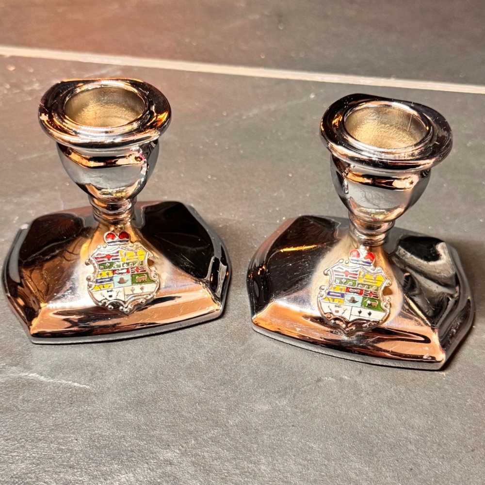Vintage BP 2426 Silver Plated Crest Candlesticks Pair w/ Canadian Coat of‎ Arms
